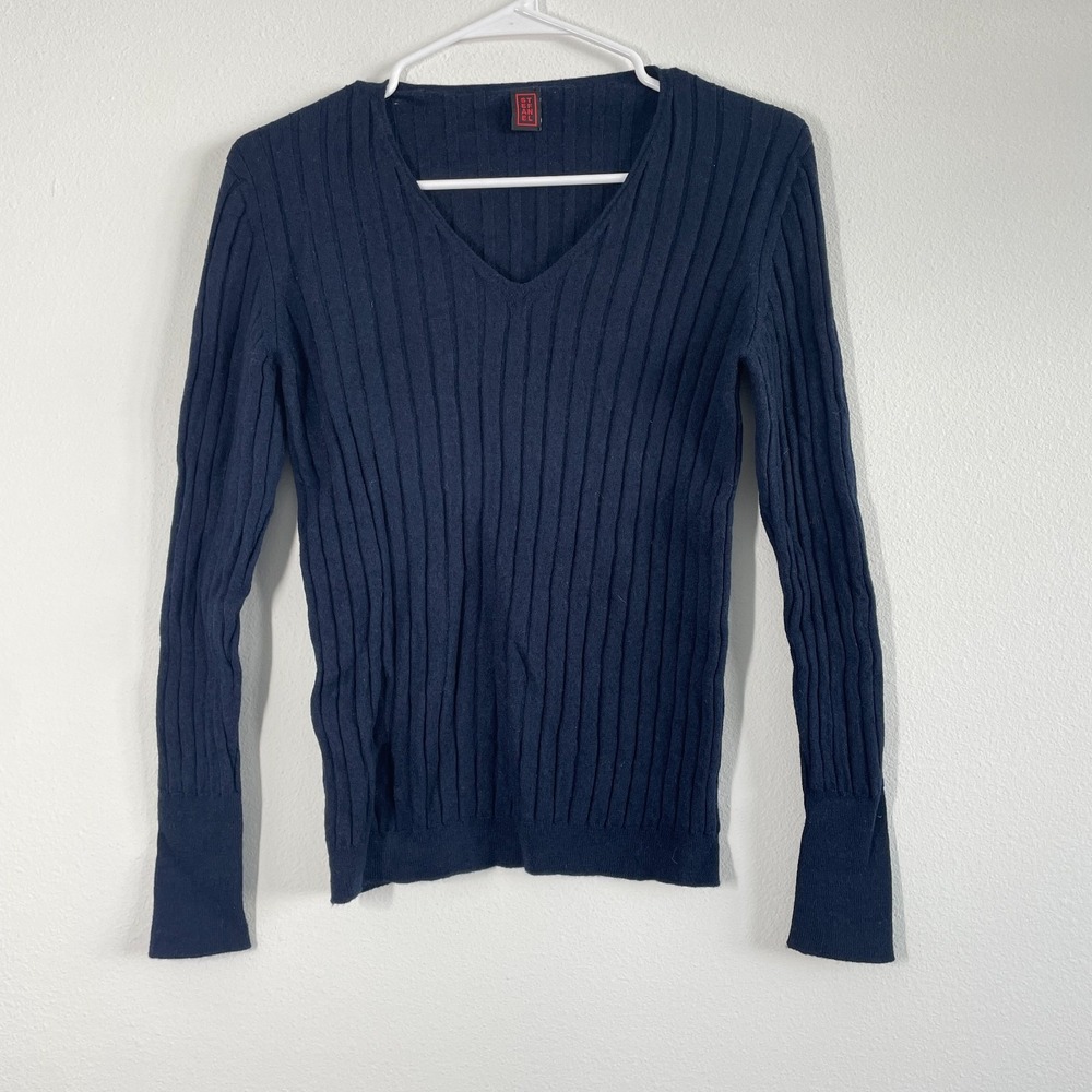 Stefanel Knit Sweater Womens XS‎ Navy V-Neck Merino Wool Classic Minimalist